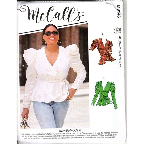 McCall's M8146 Womens 26W to 32W Wrap Peplum Tops Uncut Sewing Pattern New - Picture 1 of 2